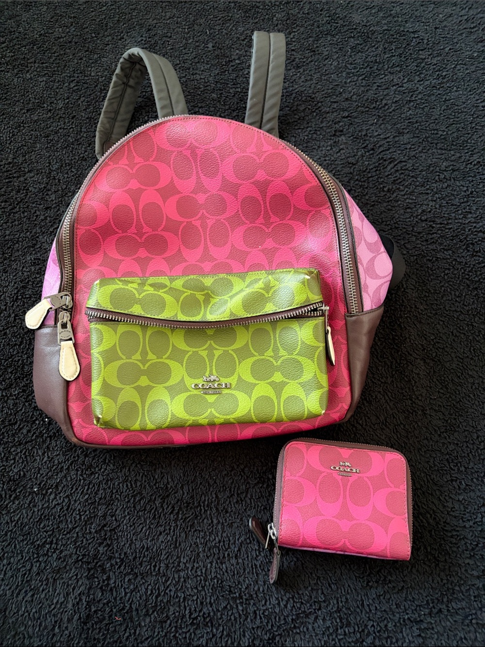 Coach Pink and Lime Signature Canvas Mini Backpack with Matching Wallet